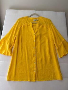 Kim Rogers Yellow Lace Yoke Blouse Button Front 3/4 Bell Sleeve Lightweight 2X